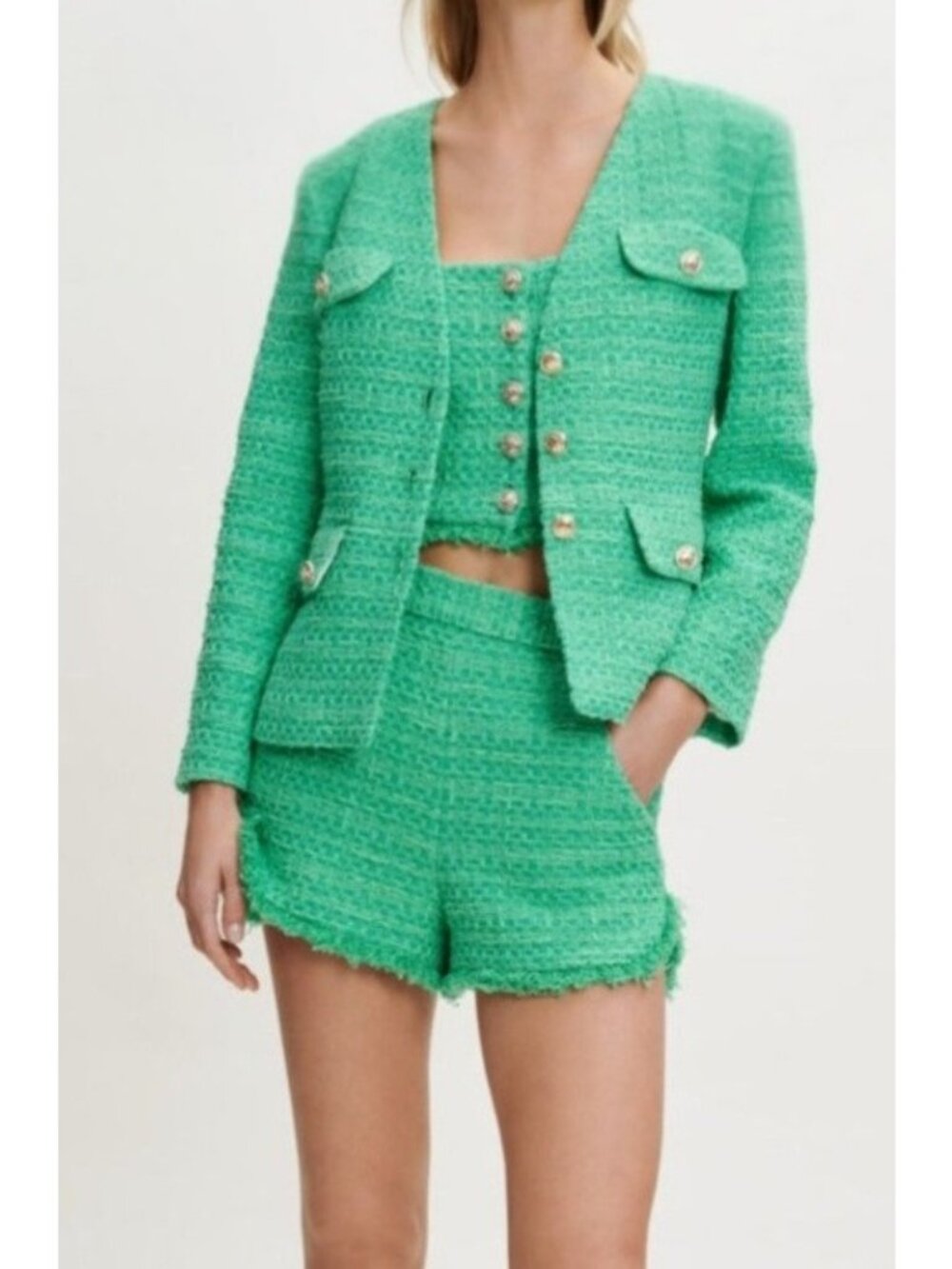 Maje Womens Tweed Jacket Green Gold Buttons Pockets Collarless Blazer